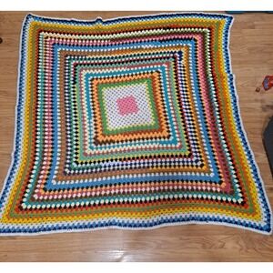 Vtg Vintage Handmade Crochet Afghan Throw Granny Blanket Rainbow 63" X 63"